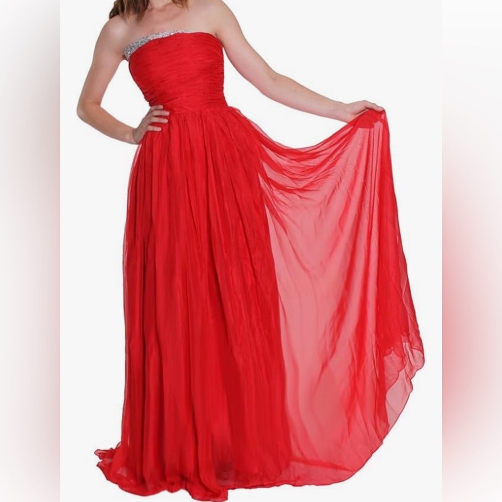 Beautifly Women's Red Strapless Sequin Peak Floor Length Chiffon Gown